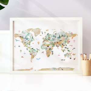 Illustrierte Weltkarte, Kunst, Wand Kunst, Wandbild, illustrierte Weltkarte, Wand Kunst, Wandbild, illustrierte Karte, Tier Karte