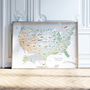 Farbverlauf Illustrierte Landkarte der Vereinigten Staaten Kunstdruck | Kinderzimmer Dekor Wandkunst | Hochzeitsgeschenk | USA Reisekarte | Amerika Landkarte
