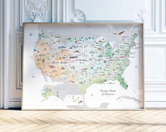 Mappa di riferimento degli Stati Uniti d'America illustrata con stati, punti di riferimento e animali / Stampa artistica della mappa degli Stati Uniti / Serie di riferimento