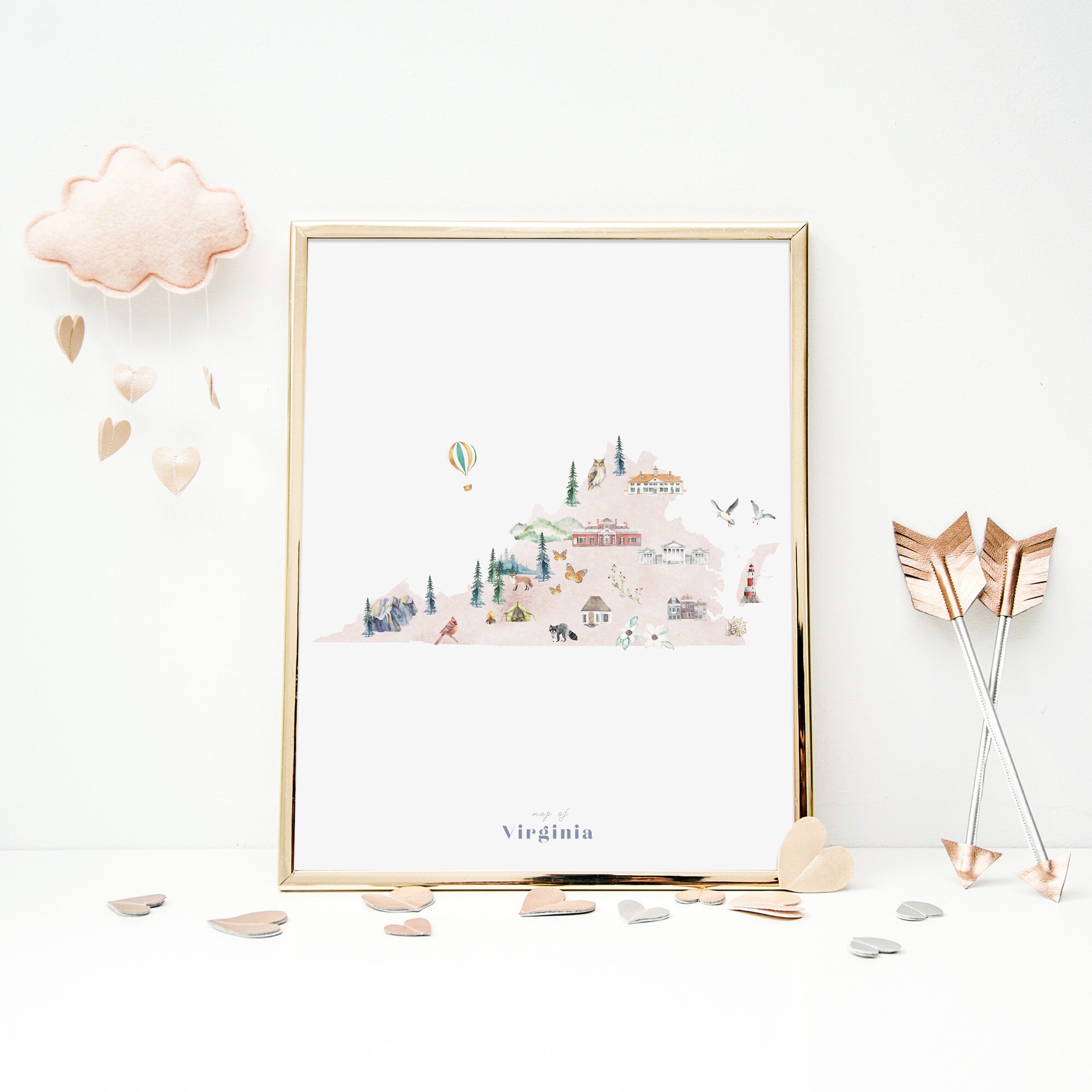 Virginia Illustrated State Map wall art print nursery decor | Etsy