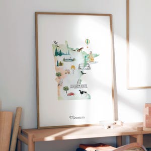 Minnesota Illustrierte State Map, Kunstdruck, Kinderzimmer, Poster, USA-Reisekarte, Kinderzimmer, Wanddeko, Minnesota