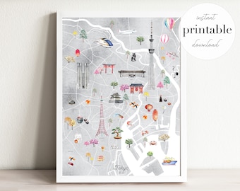 Tokyo City Map Art Print: Illustrated Japan Travel Poster (Digital Download)