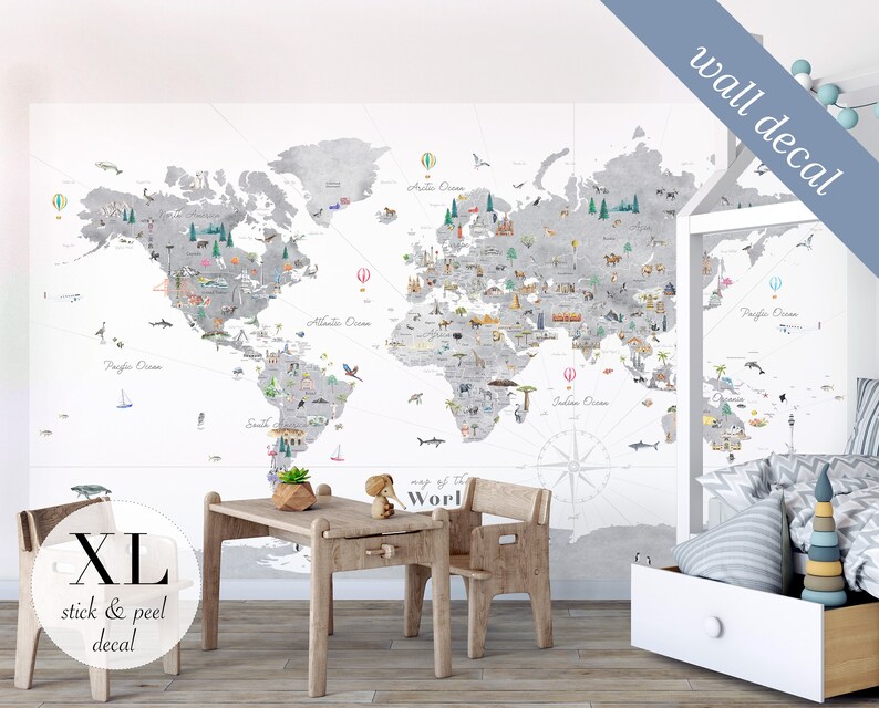 Educational World Map Wall Decal Nursery Decor Art Kids Etsy