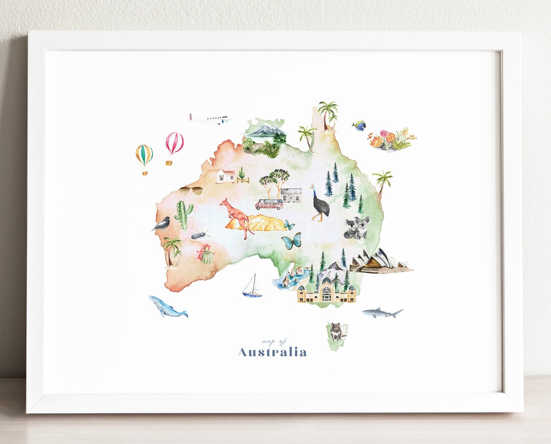 Australia Map Art Print Illustrated Wall Decor Nursery - Etsy