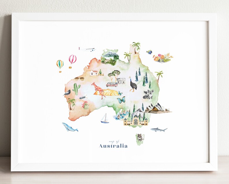 Australia Map Art Print Illustrated wall decor nursery Etsy
