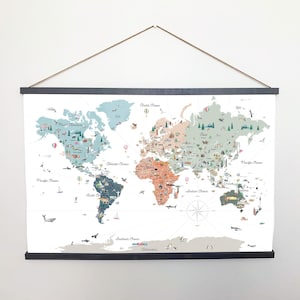 Toile éducative à suspendre, neutres scandinaves, carte du monde | Art mural de voyage | Carte du monde des enfants | Décoration murale pour chambre de bébé | Carte du monde animal