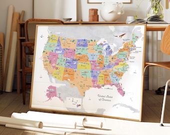 United States Map Art Print: USA Travel Decor Educational Map in Pastels