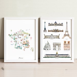 Frankreich Karte & französische Sehenswürdigkeiten Art Print Set, Aquarell Kinderzimmer Dekor, Landkarte Poster für Kinderzimmer, Kinderzimmer Kunst, Reisekarte, Kartendruck