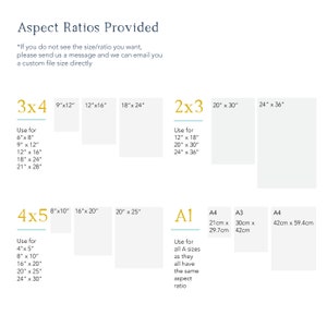May include: A chart showing different aspect ratios for printing, including 3x4, 4x5, 2x3, and A1 sizes. The chart lists the dimensions in inches and centimeters.