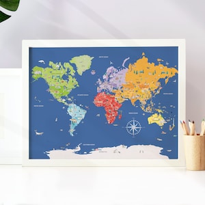 Kinder bildung Weltkarte druckbar | Kinderzimmer Deko Weltkarte | Länder Karte Drucken | Weltkarte Wandkunst | Homeschooling Montessori