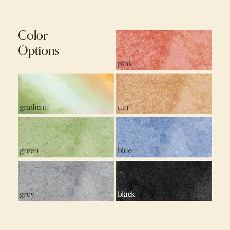 Puede incluir: Opciones de color para un producto, incluyendo rosa, marr&oacute;n claro, degradado, verde, azul, gris y negro. Cada color est&aacute; representado por una muestra de acuarela texturizada.