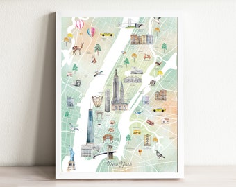 New York City Map Art Print | Watercolor City Map | Travel Bedroom Decor | Housewarming Gift Idea | Travel Room Decor | Wanderlust Design