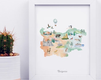 Bulgaria Illustrated Map Print: Watercolor Landmarks, Animals (Digital Download)