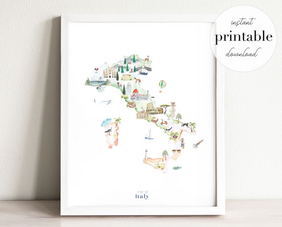 Italy Illustrated Map Printable Wall Art Print Nursery | Etsy