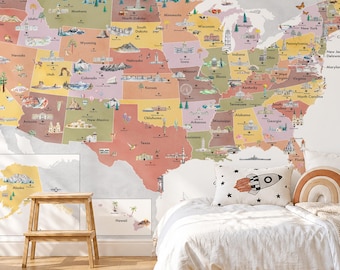 Sunset Illustrated Reference United States Map with States, Landmarks, Animals | USA Map Wall Decal | Reference Series