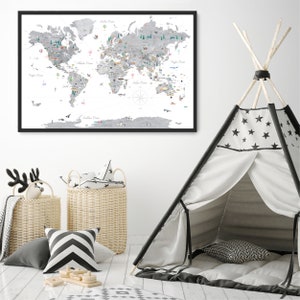 Grey Educational World Map Printable | Kids World Map | Nursery World ...
