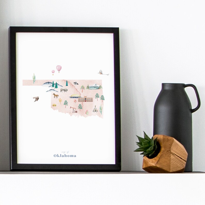 Oklahoma Printable State Map Illustrated Wall Art Print - Etsy