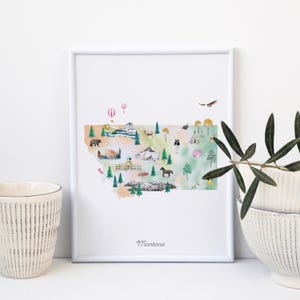 Montana State Map, illustrierte Wandkunst, Poster, Montana Poster, USA Karte, Kinderzimmer Wandbild, Montana Printable State Map