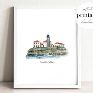 May include: A watercolor painting of the Boston Light lighthouse on a rocky island. The lighthouse is white with a red roof and a black and white striped tower. The painting is framed in a white frame.