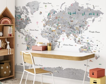 Watercolor World Map Wall Decal, Educational Nursery Decor