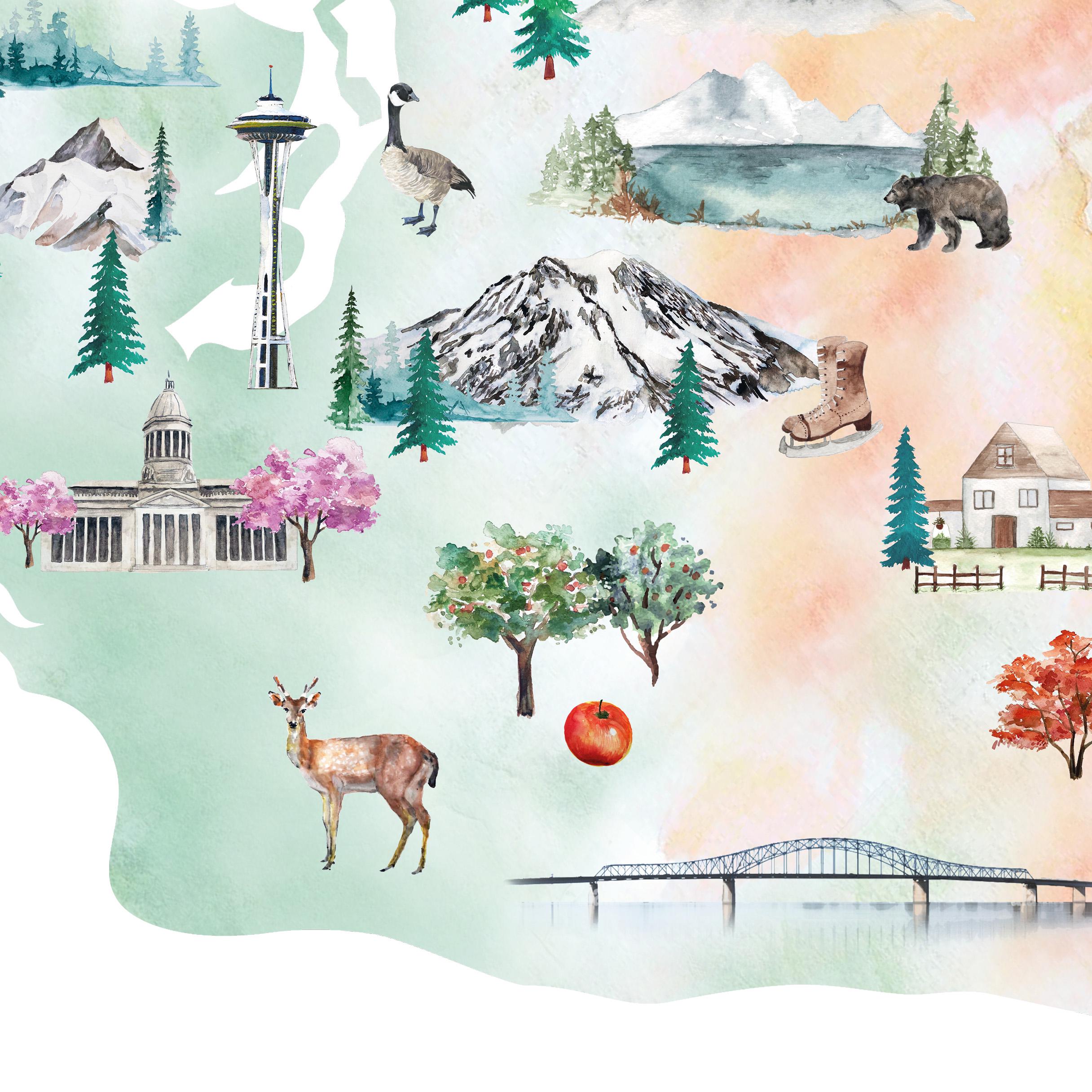 Washington State Map Art Print: Illustrated Watercolor Nursery Decor - Etsy