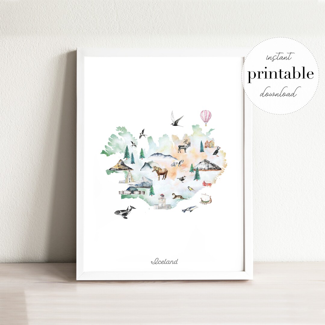 Iceland Illustrated Map Printable, Wall Art Print, Nursery Decor