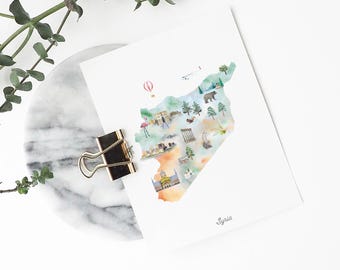 Syria Illustrated Map Art Print: Watercolor Landmarks (Digital Download)