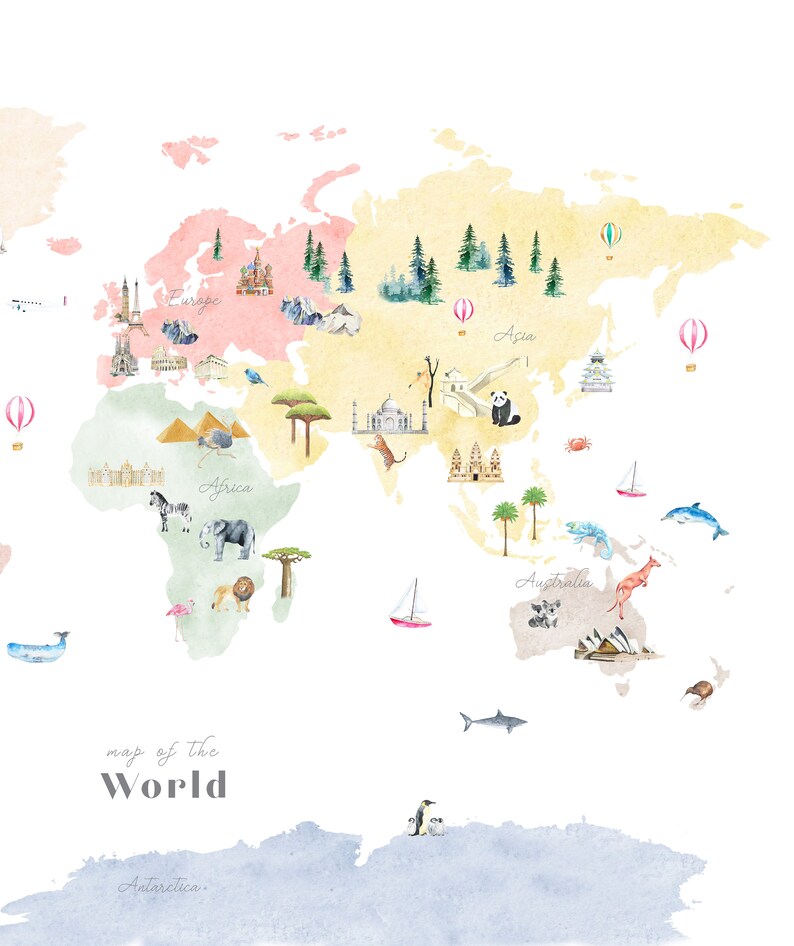 Illustrated Multicolor World Map Printable Nursery Decor Etsy