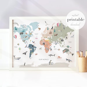 Afdrukbare wereldkaart Scandinavische neutrale tinten kinderkamer | Wereldkaart thuisonderwijs | Wereldkaart kinderkamer | Wereldkaart | Kunstafdruk kinderkamerdecoratie
