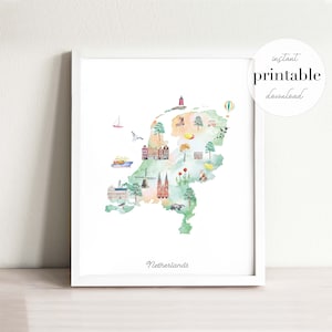 Netherlands Illustrated Map Printable, wall art print, nursery decor, landmarks, kids room, travel print, drawing, animal map, country map