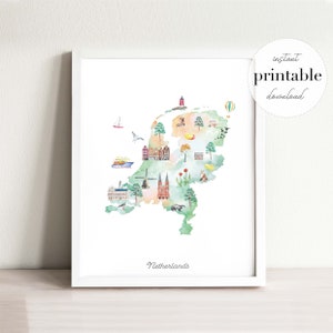Niederlande Illustrierte Karte, Wandkunst, Kinderzimmer, Sehenswürdigkeiten, Kinderzimmer, Reisedruck, Zeichnung, Tierkarte, Landkarte