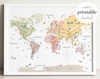 Earth Tones Educational Printable World Map | Homeschooling World Map | Kids Room World Map | Political World Map | Nursery Decor Art Print