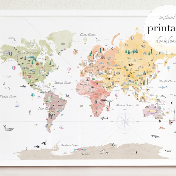 Mapa mundial imprimible educativo de tonos terrestres / Mapa mundial de educación en el hogar / Mapa mundial de la habitación de los niños / Mapa mundial político / Impresión de arte de decoración de guardería