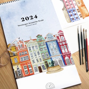 2024 Streetscapes Illustrated Travel Calendar | Watercolor Art | Street Drawing | Mexico, Denmark, Norway