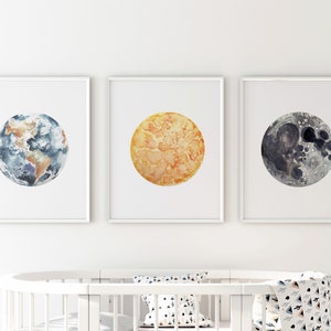 Earth, Moon, & Sun Art Print Set | Celestial Nursery Decor | Space Kids Art Print | Birthday Gift | Baby Shower Gift | Nursery Art Print