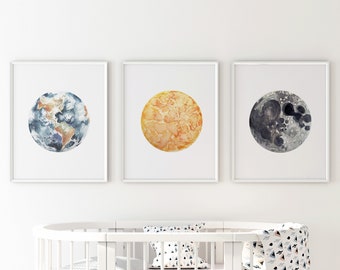 Earth, Moon, & Sun Art Print Set | Celestial Nursery Decor | Space Kids Art Print | Birthday Gift | Baby Shower Gift | Nursery Art Print