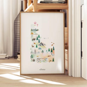 Idaho Illustrierte Bundesstaatskarte, Wand Kunst Druck, Kinderposter, Kinderposter, USA Reisekarte, Kinder Wandbild, Stadtplan Poster