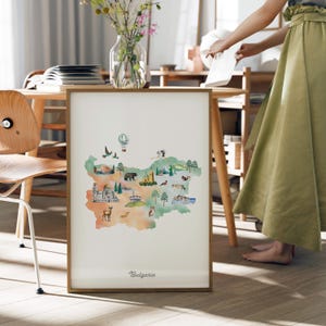 Bulgarien Karte Art Print illustriert, Landkarte Aquarell Kinderzimmer Dekor, Landkarte Poster für Kinderzimmer, Kartendruck, Fernweh