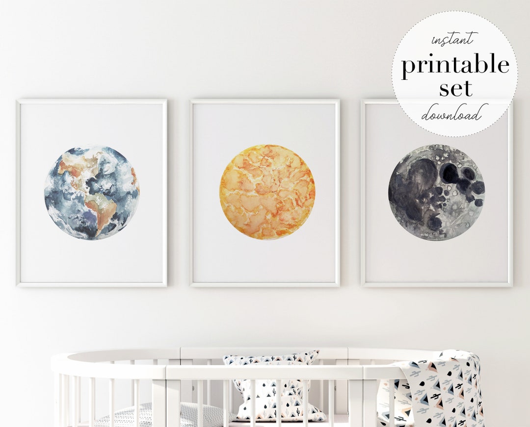 Earth Moon &amp; Sun Printable Set | Nursery Art, Space Art, Wall Decor ...