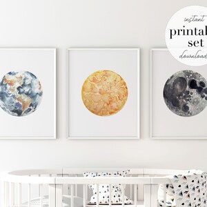 Earth Moon Sun Watercolor Art Print Set (Digital Download)