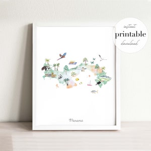 Panama illustrierte Karte Druck, Wand Kunst Druck, Kinderzimmer Dekor, Sehenswuerdigkeiten, Kinderzimmer, Zeichnung, Tier Karte, Landkarte
