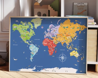 Kids World Map Art Print: Educational Kids Room and Nursery Decor