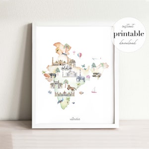 Indien Illustrierte Karte, Printable, Wandkunst, Kinderzimmer, Sehenswürdigkeiten, Kinderzimmer, Reisedruck, Zeichnung, Tierkarte, Landkarte, boho