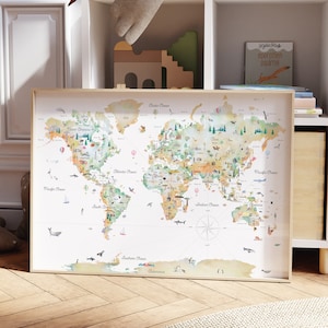 Carte du monde éducative dégradée | Art mural pour enfants | Décoration de chambre d'enfant | Cadeau de mariage | Carte du monde de voyage pour enfants | Carte du monde politique | Topographique