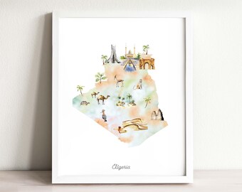 Algeria Watercolor Map Art Print: Regional Animals & Landmarks