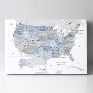 Mapa ilustrado de Estados Unidos en tonos fríos sobre lienzo / arte de pared, viajes, mapa del mundo para niños, decoración de guardería, mapa del mundo, mapa de acuarela, educación en el hogar