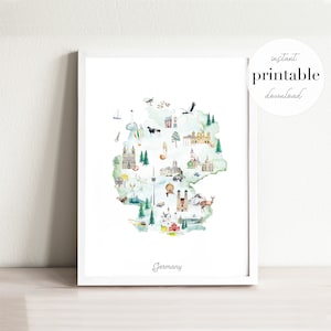 Deutschland illustrierte Karte druckbare, Wand Kunst Druck, Kinderzimmer Dekor, Sehenswuerdigkeiten, Kinderzimmer, Zeichnung, Tier Karte, Landkarte