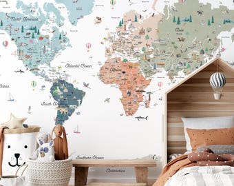 スカイイラスト入り世界地図（国、国境、ランドマーク入り）｜世界地図教育用ウォールステッカー｜参考シリーズ