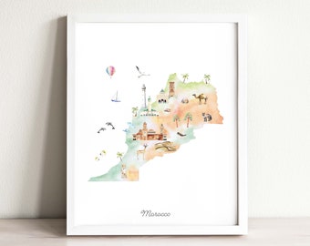 Maroc Carte Art Print Illustrated | affiche de carte de pays pour les chambres d’enfants, art de la crèche, carte de voyage, carte d’impression wanderlust, impression d’art de voyage