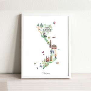 Vietnam Map Art Print Illustrated | watercolor decor, country map poster, nursery art, travel map, map print wanderlust, travel decor